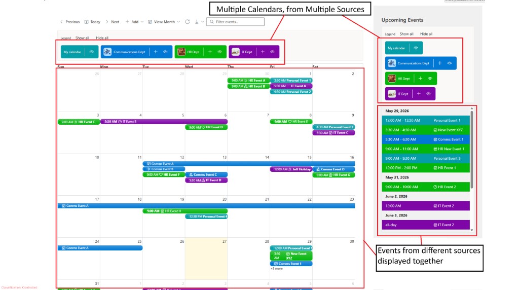 Calendar Overlay month view with events from multiple SharePoint and personal calendar sources displayed together