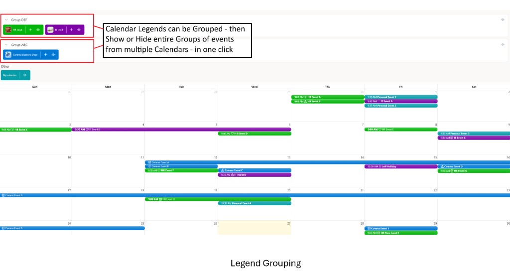Calendar Overlay legend with collapsible calendar groups