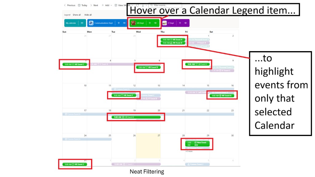 Calendar Overlay neat filtering — hover a legend item to highlight events from that calendar only