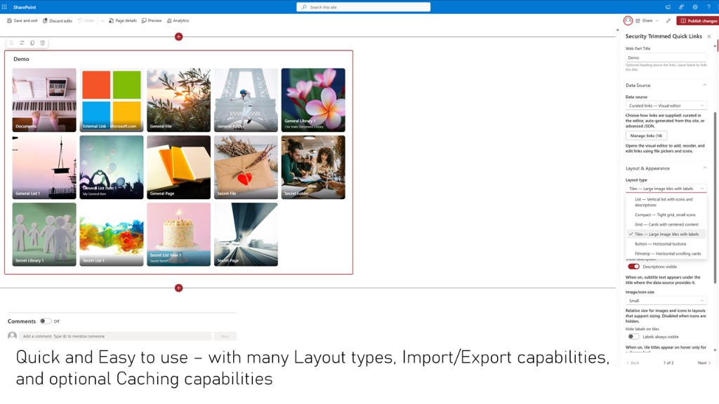 Security Trimming Quicklinks in SharePoint edit mode showing layout types and property pane
