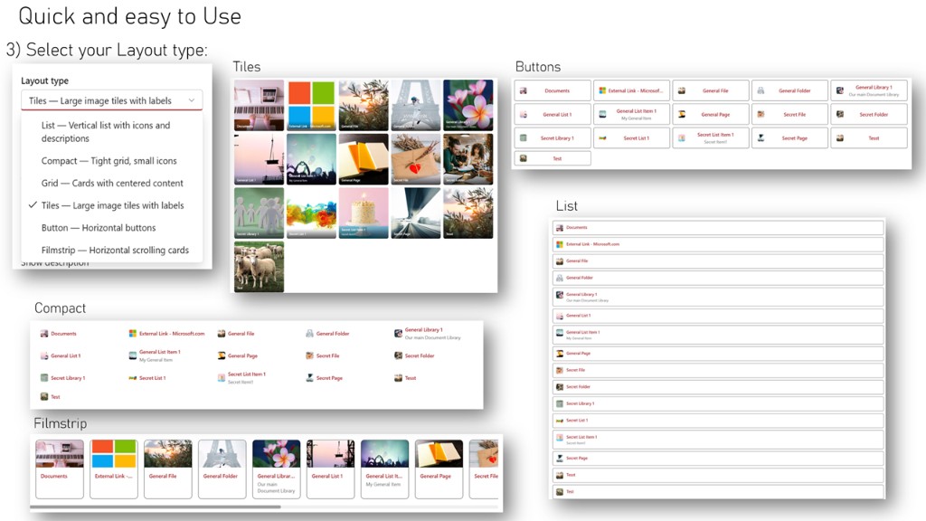 Layout type options for Security Trimming Quicklinks: list, compact, grid, tiles, button, and filmstrip with live examples