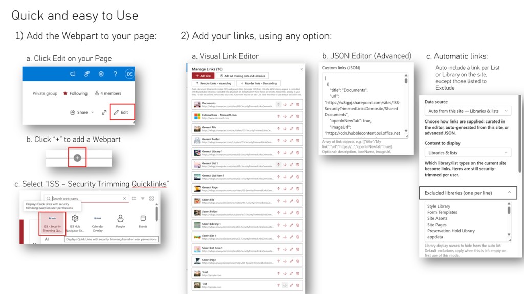 How to add ISS Security Trimming Quicklinks to a page and configure links via visual editor, JSON, or auto from site libraries and lists