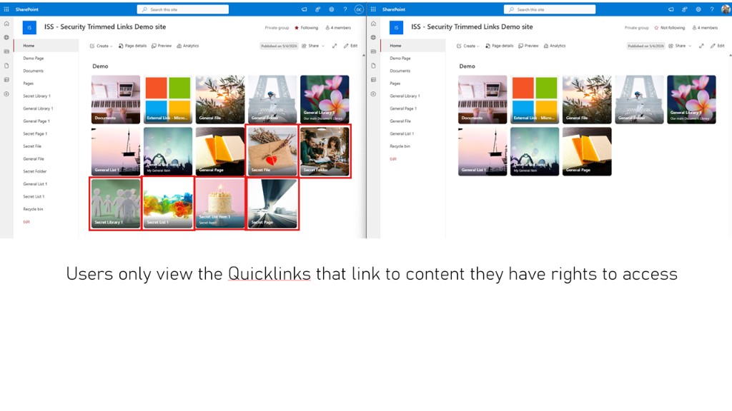 Side by side: administrator sees Secret links; restricted user sees only permitted quick links